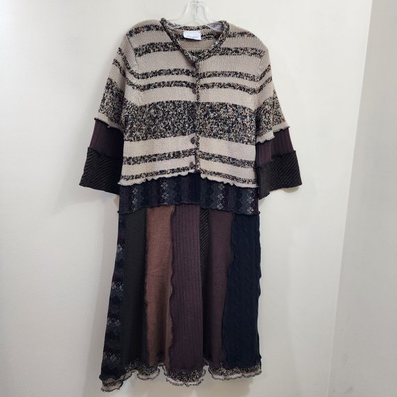 Magpie 1/2 button long boho patchwork duster sweater 3/4" sleeves woman's L/XL - Picture 1 of 11